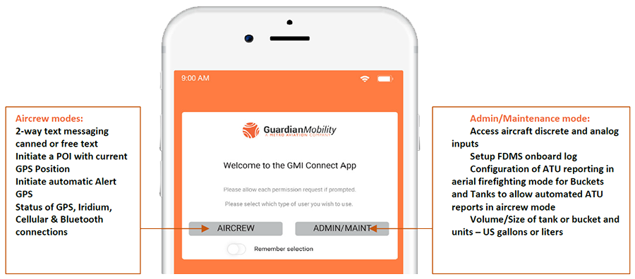 GMI Connect App showing Aircrew Modes and Admin/Maintenance mode